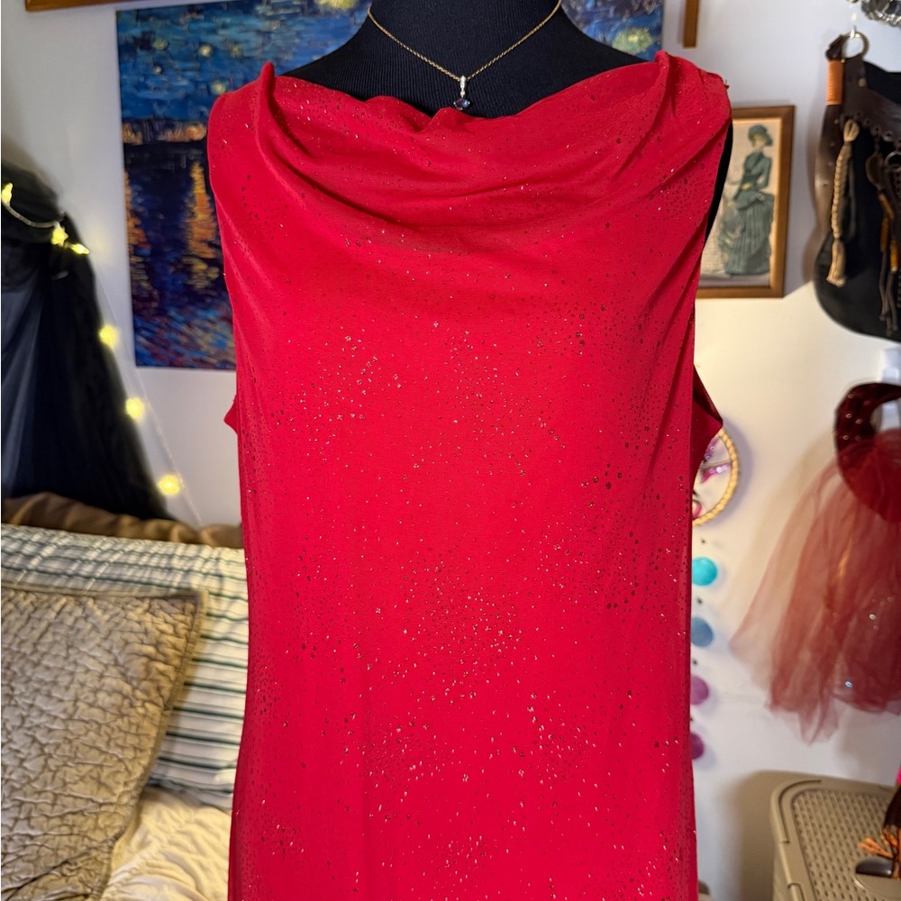 Vintage 90s California Concepts Red Sparkle Cowl Neck Gown 14